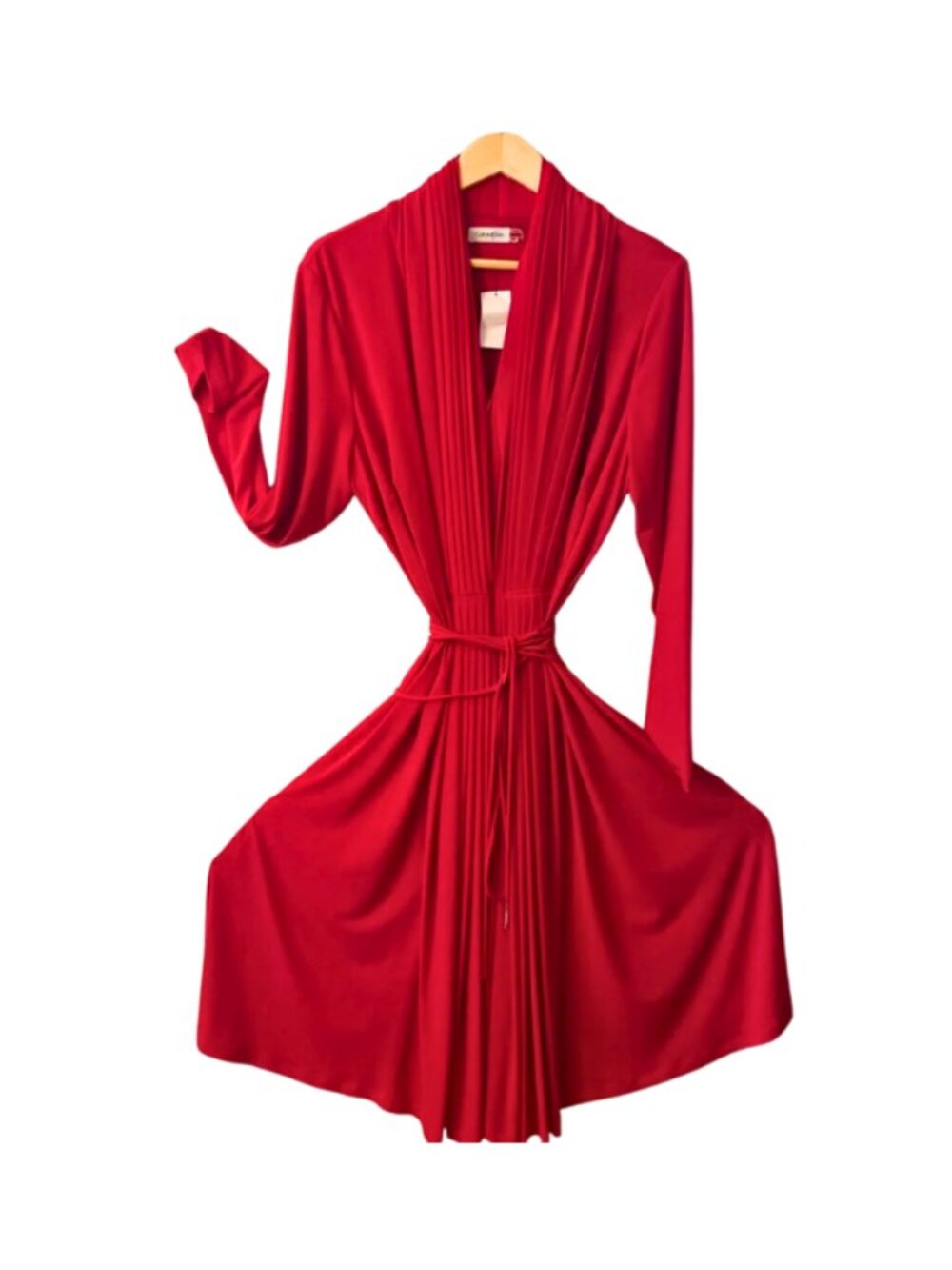 Calvin Klein Red Draped Dress Long Sleeve Tie Waist Cocktail Midi